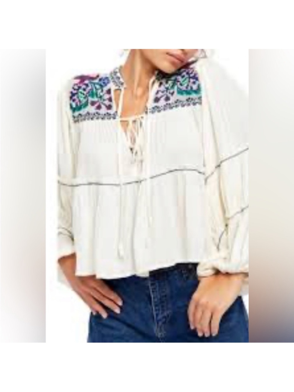 Free people Boho Embroidered Tie-Front Peasant Top - Cream with Multicolor